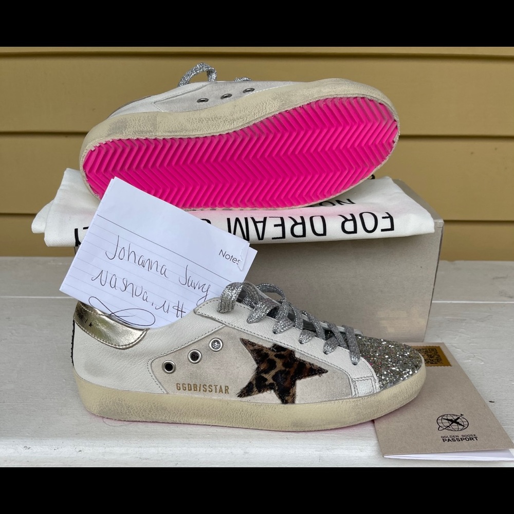 BNIB Size 37 Superstars with glitter tongue & pink bottoms